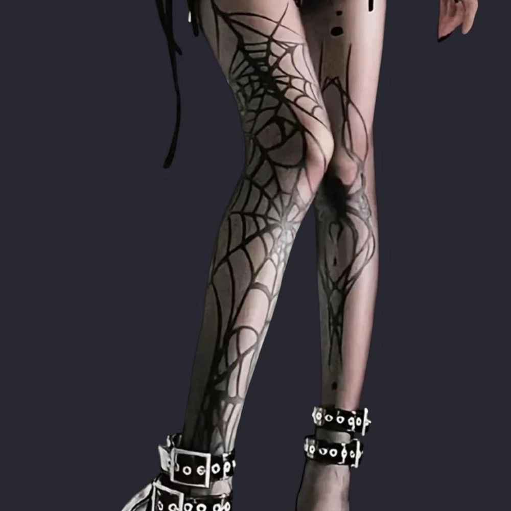 Black Spider Web Hosiery with Studded Ankle Straps